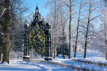 Gothic Gate and Turkish Bath in Catherine park in winter, Tsarskoe Selo, St. Petersburg, Russiaの写真素材