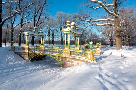 Chinese bridges in Alexander park in winter, Tsarskoe Selo, St. Petersburg, Russiaの写真素材