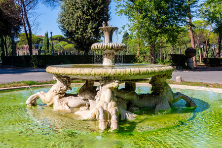 Fountain of sea horses in Villa Borghese park, Rome, Italyの写真素材