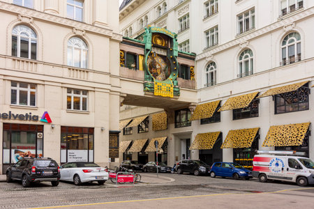 Vienna, Austria - October 2021: Ancient Anker clock (Ankeruhr) on Hoher markt squareのeditorial素材