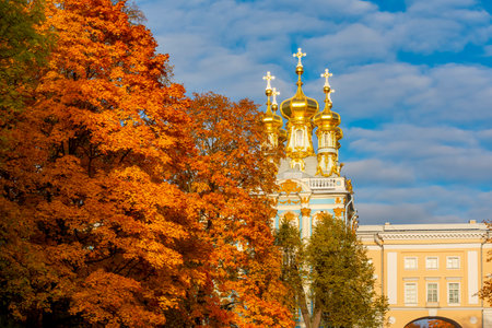 Resurrection church of Catherine palace in autumn, Tsarskoe Selo (Pushkin), Saint Petersburg, Russiaのeditorial素材