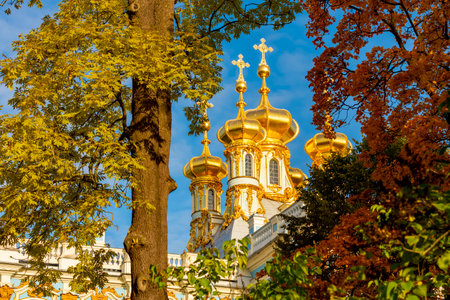 Resurrection church dome of Catherine palace in autumn, Tsarskoe Selo (Pushkin), Saint Petersburg, Russiaのeditorial素材