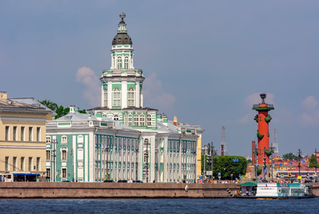 Kunstkamera museum and Rostral column in Saint Petersburg, Russiaのeditorial素材