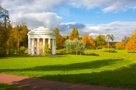 Temple of friendship in golden fall in Pavlovsky park, Pavlovsk, Saint Petersburg, Russiaのeditorial素材