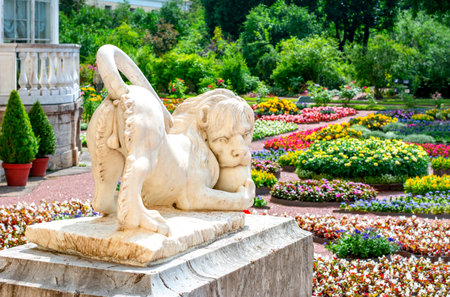 Lion sculpture in private garden of Pavlovsky park, Saint Petersburg, Russiaのeditorial素材