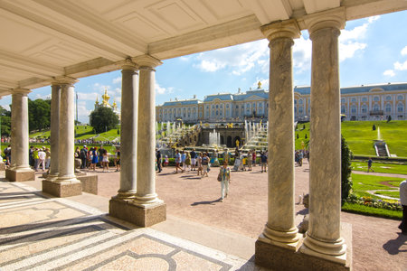 ST. PETERSBURG, RUSSIA - Circa July 2018: Grand cascade of fountains and Peterhof palace in Lower parkのeditorial素材