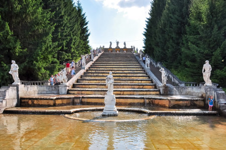 SAINT PETERSBURG, RUSSIA - CIRCA JULY 2017: Gold mountain cascade in Lower park of Peterhof