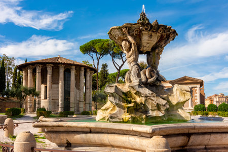 Fountain of Tritons and Temple of Hercules Victor in Rome, Italyのeditorial素材