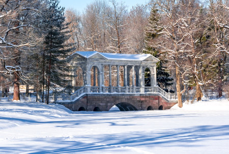 Marble bridge in Catherine park in winter, Tsarskoe Selo (Pishkin), St. Petersburg, Russiaのeditorial素材