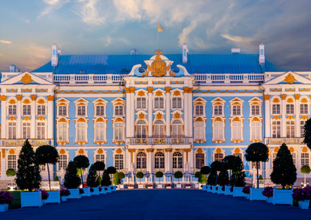 Catherine palace in Tsarskoe Selo (Pushkin) at night, Saint Petersburg, Russiaのeditorial素材