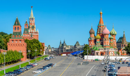 Moscow cityscape with Cathedral of Vasily the Blessed (Saint Basil's Cathedral) and Spasskaya Tower on Red Square, Russiaのeditorial素材