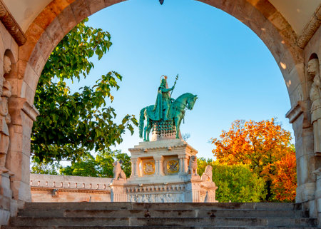 Statue of St. Stephen in Fisherman's Bastion, Budapest, Hungaryのeditorial素材