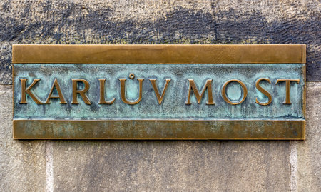 Plate "Karluv Most" meaning "Charles Bridge" in Prague, Czech Republicの写真素材