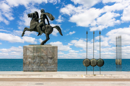 Monument to Alexander the Great on Thessaloniki embankment, Greece (inscription "Alexander the Great")の写真素材