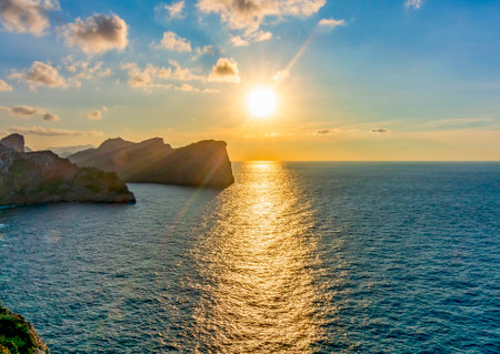 Sunset at sea from Formentor cape, Mallorca, Spainの写真素材