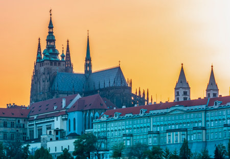 Prague Castle with St. Vitus Cathedral over Lesser town (Mala Strana) at sunset, Czech Republicのeditorial素材