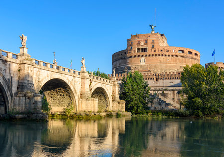 Castle of Holy Angel (Castel Sant'Angelo) and St. Angel bridge (Ponte Sant'Angelo) over Tiber river in Rome, Italyのeditorial素材