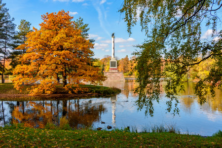 Chesme column on island of Grand pond in autumn in Catherine park, Pushkin, Saint Petersburg, Russiaの写真素材
