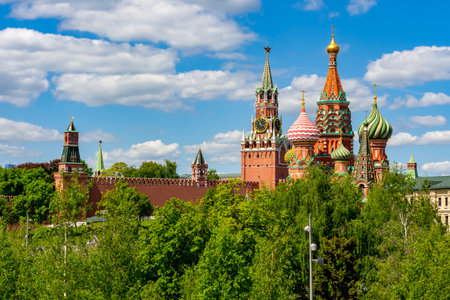 Cathedral of Vasily the Blessed (Saint Basil's Cathedral) and Spasskaya Tower on Red Square, Russiaの写真素材