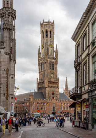 Bruges, Belgium - 29 June 2018: Belfort tower on Market squareのeditorial素材