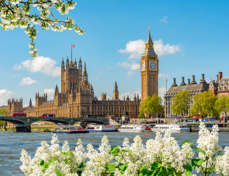 Big Ben tower and Houses of Parliament in spring, London, UKの写真素材