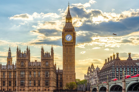 Big Ben tower at sunset, London, UK