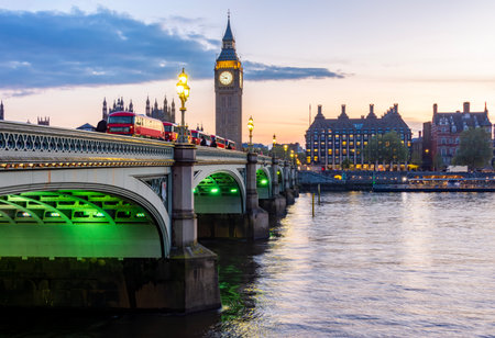 Big Ben tower of Houses of Parliament and Westminster bridge at sunset, London, UK