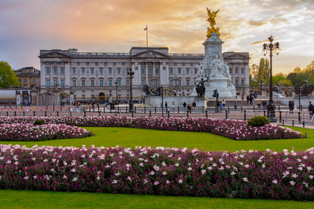 London, UK - 28 April 2024: Royal Buckingham palace and Victoria memorial at sunsetのeditorial素材