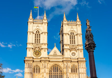 Westminster Abbey facade at sunset, London, UKの写真素材