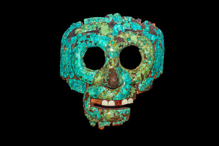 London, UK - 27 April 2024: Turquoise mosaic Aztec mask (Quetzalcoatl or Rain God Tlaloc) from Mexico in British museumの写真素材