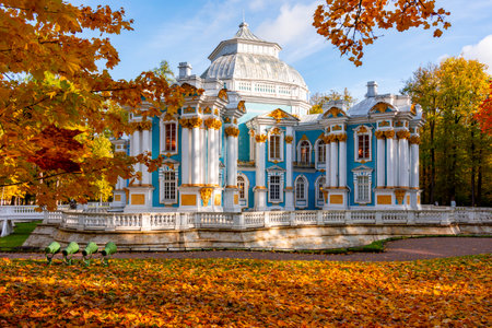 Hermitage pavilion and autumn foliage in Catherine park, Pushkin (Tsarskoe Selo), St. Petersburg, Russiaの写真素材