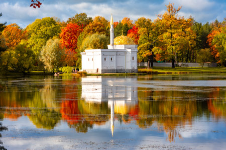 Grand pond in autumn in Catherine park, Pushkin (Tsarskoe Selo), Saint Petersburg, Russiaの写真素材