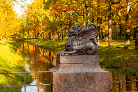 Dragon (Drakonov) bridge in Alexander Park in autumn, Pushkin (Tsarskoe Selo), St. Petersburg, Russiaの写真素材