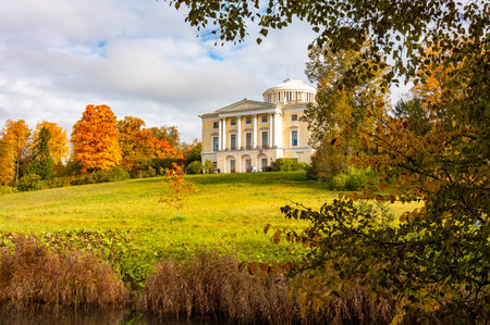 Pavlovsky park autumn landscape with Pavlovsk palace, Saint Petersburg, Russiaの写真素材