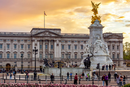 London, UK - 28 April 2024: Royal Buckingham palace and Victoria memorial at sunsetの写真素材