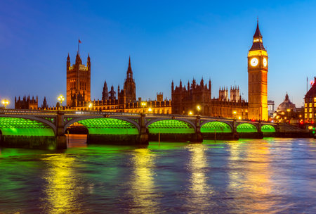 Big Ben tower of Houses of Parliament and Westminster bridge at night, London, UK