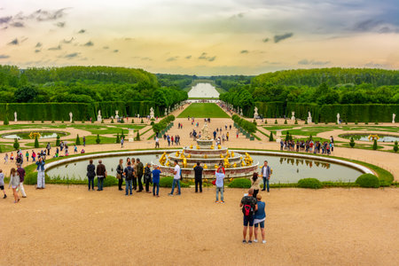 Paris, France - 29 May 2023: Latona fountain and Versailles park landscape outside Parisの写真素材