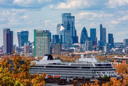 City of London skyscrapers seen from Greenwich park, UKの写真素材
