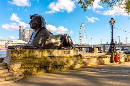 London, UK - 29 April 2024: Statue of Sphinx on Victoria embankment in Londonの写真素材