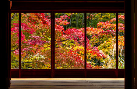 Autumn foliage seen through Nanzen-ji temple window, Kyoto, Japan