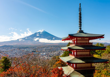 Chureito Pagoda and Mount Fuji in autumn, Japanの写真素材