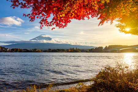 Sunset at lake Kawaguchi with mount Fuji in autumn, Fujikawaguchiko, Japan