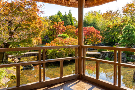 Momiji autumn season in Koko-en gardens, Himeji, Japanの写真素材