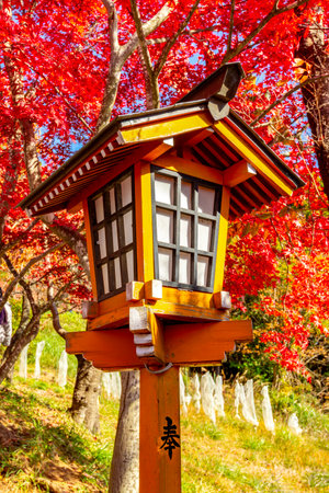 Traditional street lamp at Chureito pagoda in autumn, Arakura, Japanの写真素材