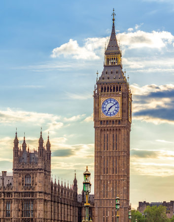 Big Ben tower at sunset, London, UKの写真素材