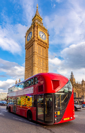 London, UK - 28 April 2024: Double-decker bus and Big Ben tower
