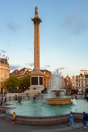 London, UK - 30 April 2024: Nelson's column on Trafalgar square at sunsetの写真素材