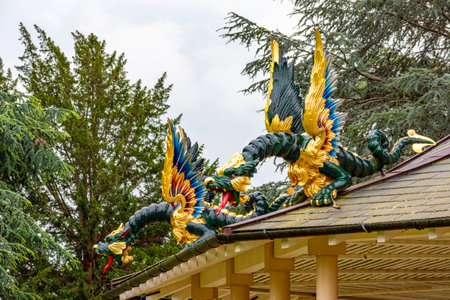 Dragon sculptures on Pagoda in Kew botanical gardens, London, UKの写真素材