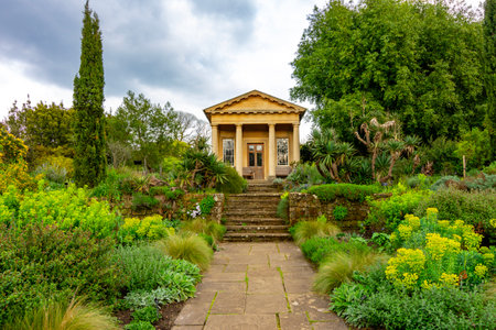 King William's temple in Kew botanical gardens in spring, London, UKの写真素材