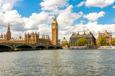 Big Ben tower of Houses of Parliament and Westminster bridge, London, UK